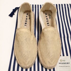 Manebí Lace Espadrille Flats Cream Ivory NWOT w/ Dust Bag Size 37 US 6.5 Women’s